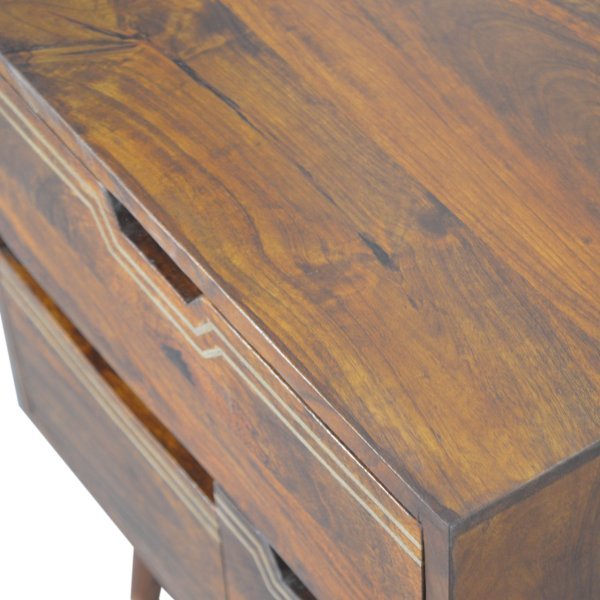 Solid Mango Wood Chestnut Finished Brass Inlaid 3 Removable Drawer Bedside with Scandinavian Legs - Image 5