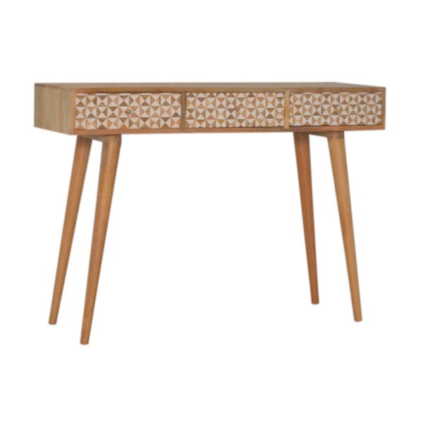 Solid Mango Wood Oak Finished 3 Drawer Sarina Contrasting Block Print Console Table with Scandinavian Legs