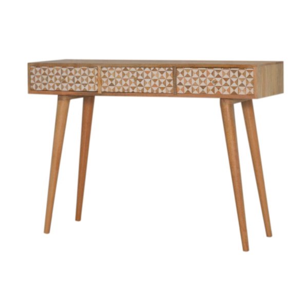 Solid Mango Wood Oak Finished 3 Drawer Sarina Contrasting Block Print Console Table with Scandinavian Legs - Image 2