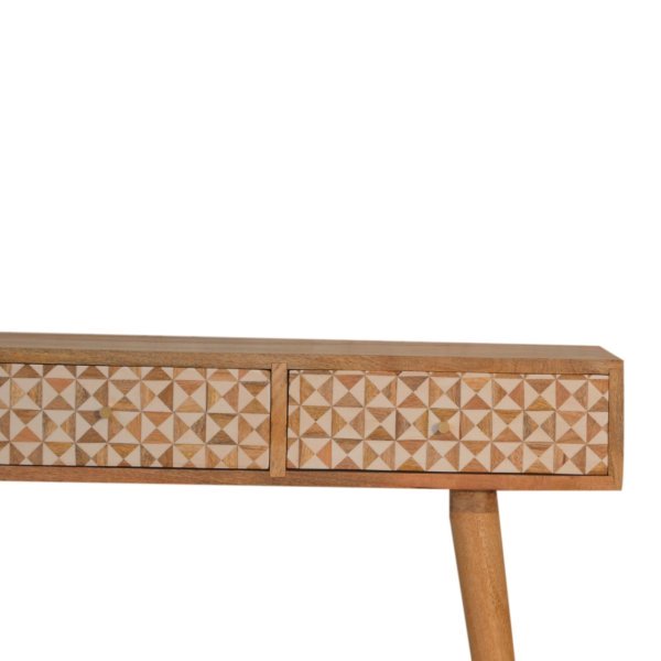 Solid Mango Wood Oak Finished 3 Drawer Sarina Contrasting Block Print Console Table with Scandinavian Legs - Image 3