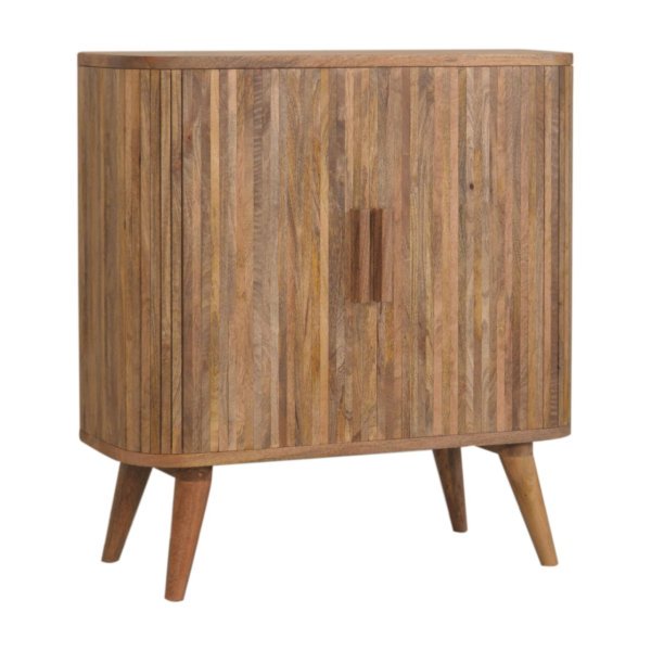 Solid Oak Finished 2 Door Striped Mango Wood Scandinavian Style Cabinet