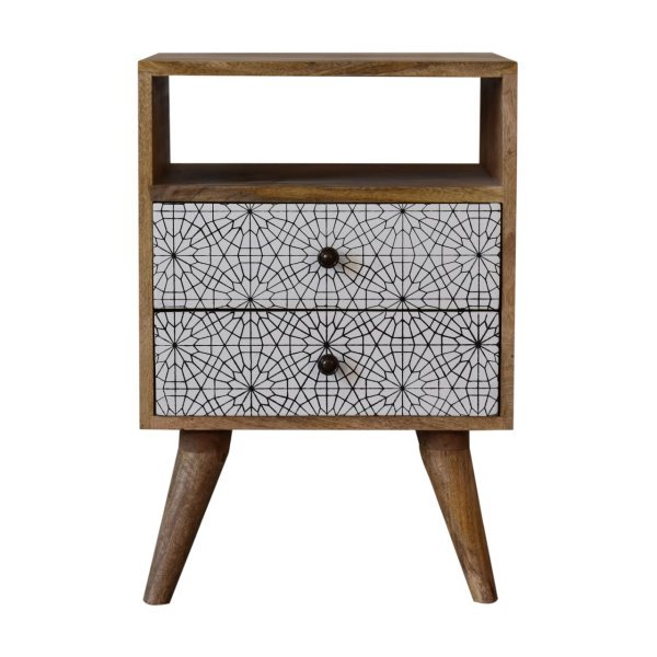 Solid Mango Wood Oak Finished Sendai Scandinavian Style 2 Drawer Screen Printed Bedside