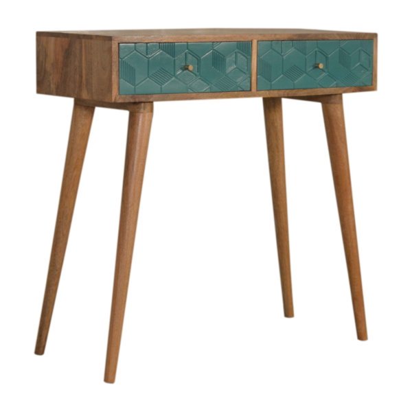 Solid Mango Wood Oak Finished Teal Painted 2 Drawer Console Table