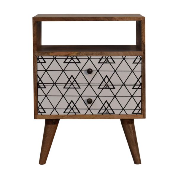 Solid Oak Finished Black and White Screen Print Triangle Mango Wood 2 Drawer Bedside