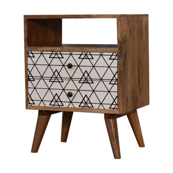 Solid Oak Finished Black and White Screen Print Triangle Mango Wood 2 Drawer Bedside - Image 3
