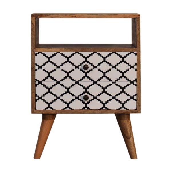 Solid Oak Finished Black and White Screen Printed Stella Mango Wood 2 Drawer Bedside