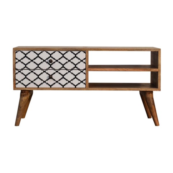 Solid Mango Wood Oak Finished + Stella Screen Printed 2 Drawer 2 Open Slots Media Unit