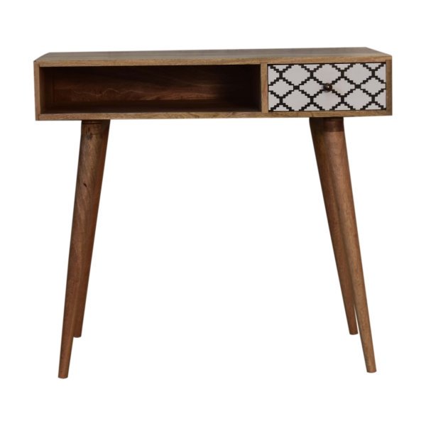 Solid Mango Wood Moroccan Black and White Screen Printed Scandinavian Style 1 Slot 1 Drawer Desk