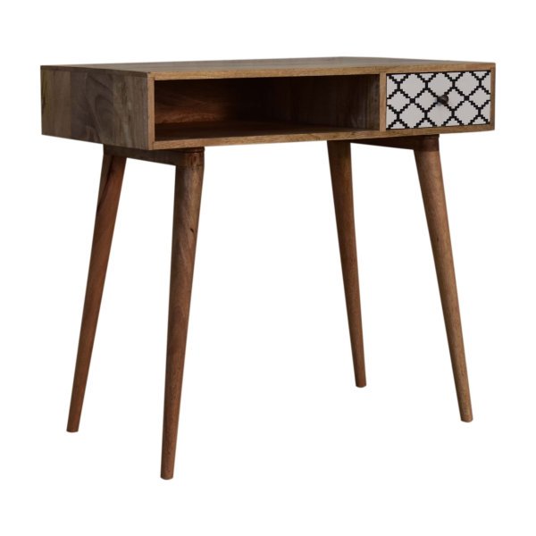 Solid Mango Wood Moroccan Black and White Screen Printed Scandinavian Style 1 Slot 1 Drawer Desk - Image 2