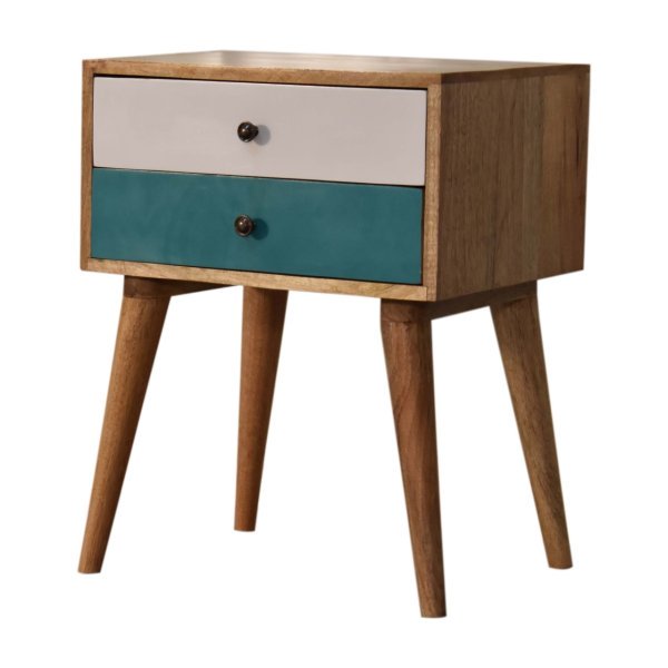 Solid Oak Finished White and Teal Painted Mango Wood 2 Drawer Bedside - Image 2