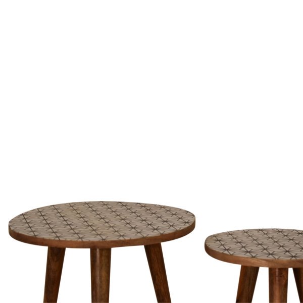 Solid Oak Finished Geometric Pattern Mango Wood Scandinavian Style Set of Two Lismore End Tables - Image 2