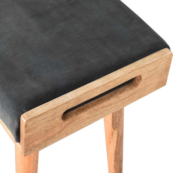 Solid Oak Finished Mango Wood Scandinavian Style Emerald Green Velvet Tray Footstool - Image 11
