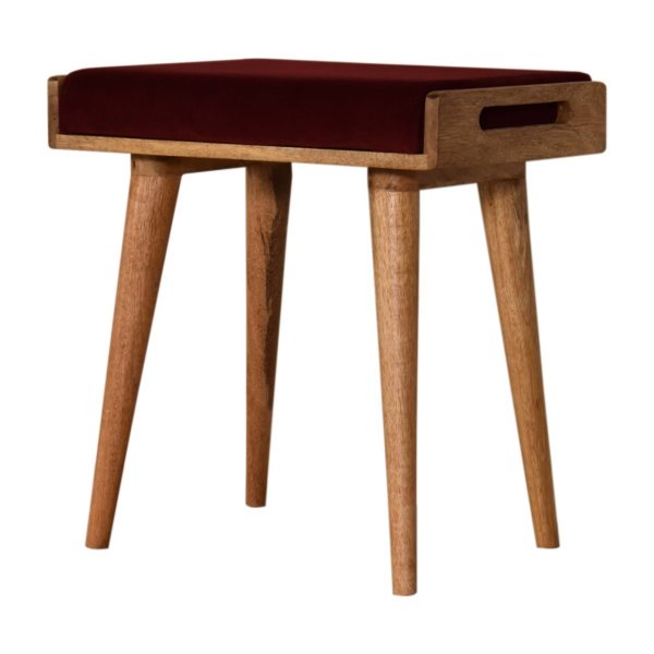 Solid Oak Finished Mango Wood Scandinavian Style Wine Red Velvet Tray Footstool - Image 2