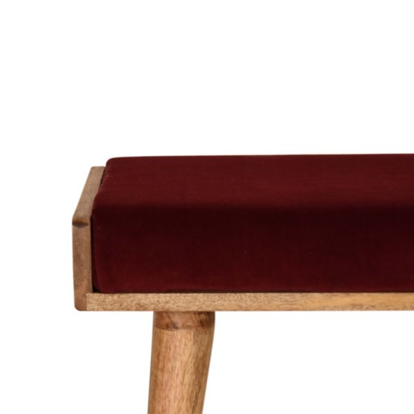 Solid Oak Finished Mango Wood Scandinavian Style Wine Red Velvet Tray Footstool - Image 3