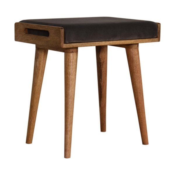 Solid Oak Finished Mango Wood Scandinavian Style Grey Velvet Tray Footstool
