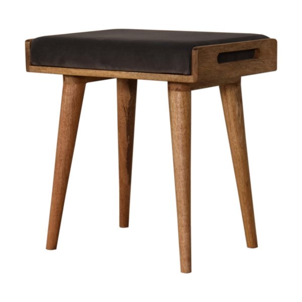 Solid Oak Finished Mango Wood Scandinavian Style Grey Velvet Tray Footstool - Image 2