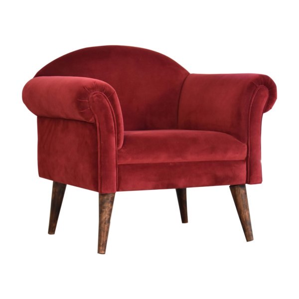 Solid Mango Wood Wine Velvet Nordic Style Armchair - Image 3