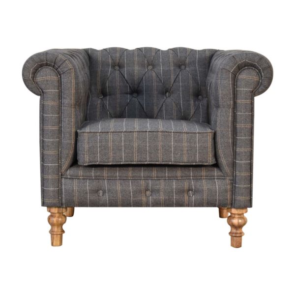 Solid Mango Wood Pewter Tweed Chesterfield Armchair