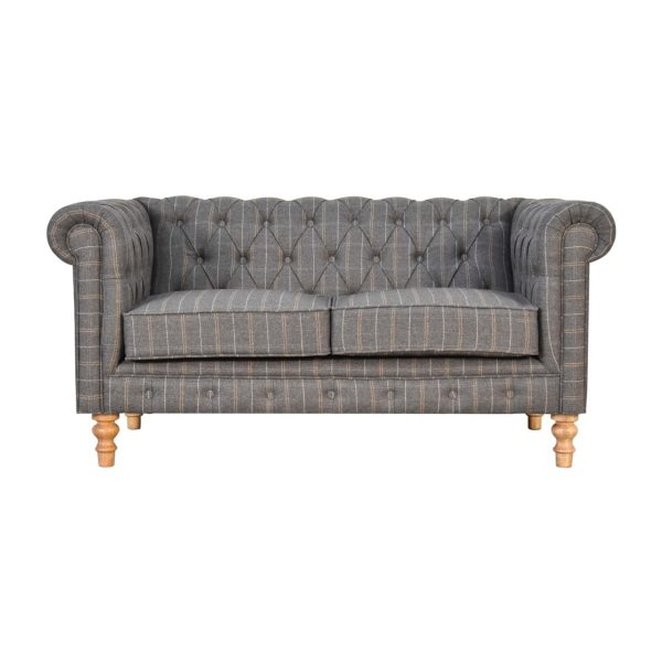 Solid Mango Wood Oak Finished 2 Seater Pewter Tweed Deep Button Tufted Chesterfield Sofa