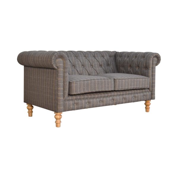 Solid Mango Wood Oak Finished 2 Seater Pewter Tweed Deep Button Tufted Chesterfield Sofa - Image 3
