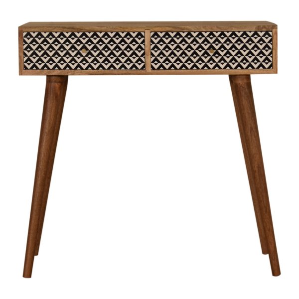 Solid Mango Wood Oak Finished + Black and White Screen Valentina Printed 2 Drawer Console Table