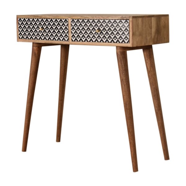 Solid Mango Wood Oak Finished + Black and White Screen Valentina Printed 2 Drawer Console Table - Image 2