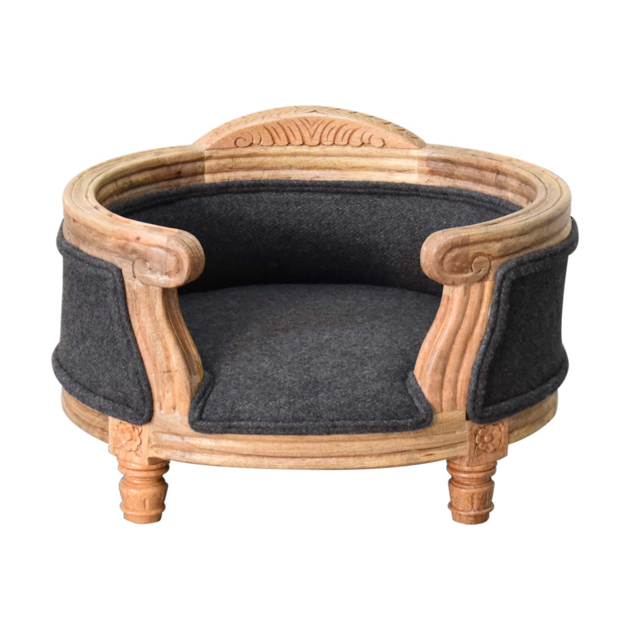 Mango Wood Carved Battleship Tweed Pet Bed