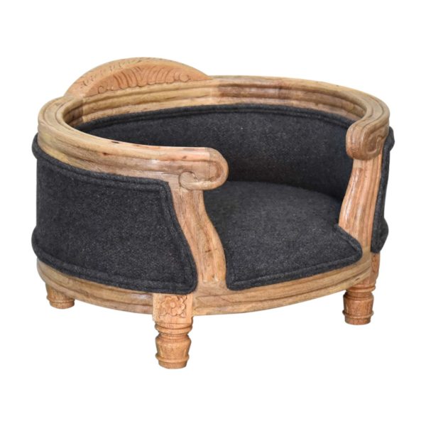 Mango Wood Carved Battleship Tweed Pet Bed - Image 2