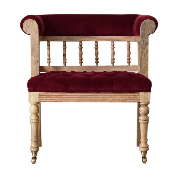 Solid Oak Finished Mango Wood Wine Coloured Mini Deep Buttoned Hall Bench with Front Casters