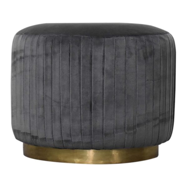Solid Walnut Finished Mango Wood Grey Pleated Velvet with Brass Plate Stand Footstool