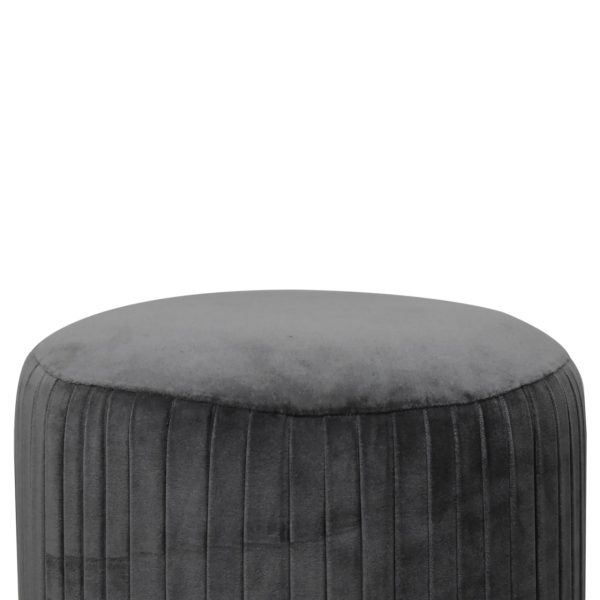 Solid Walnut Finished Mango Wood Grey Pleated Velvet with Brass Plate Stand Footstool - Image 4