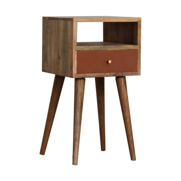 Solid Mango Wood Oak Finished Scandinavian Style Mini 1 Drawer Brick Red Hand Painted Bedside - Image 3