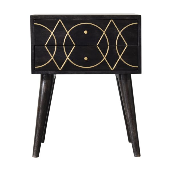 Solid Mango Wood Black Ash Finished Scandinavian Style Brass Inlay Oslo Bedside