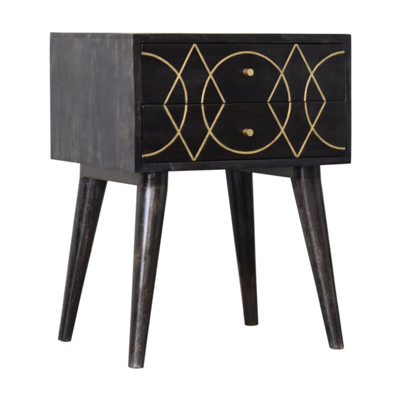Solid Mango Wood Black Ash Finished Scandinavian Style Brass Inlay Oslo Bedside - Image 2