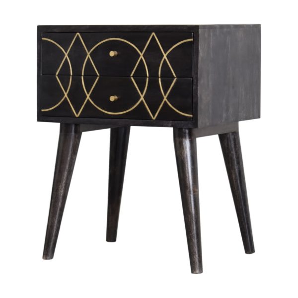 Solid Mango Wood Black Ash Finished Scandinavian Style Brass Inlay Oslo Bedside - Image 3