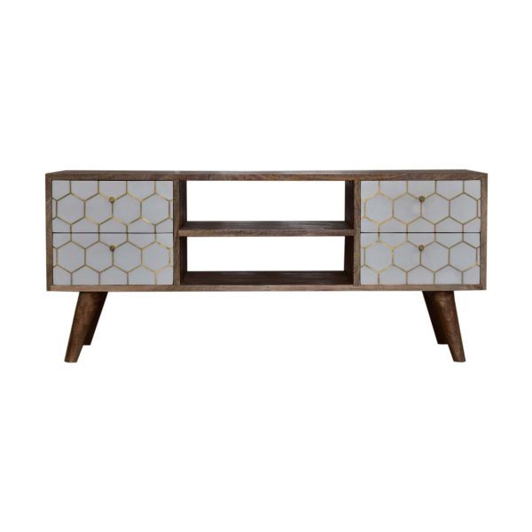 Solid Mango Wood Oak Finished + Brass Plate and Hand Painted White 4 Drawer 2 Open Slots Media Unit