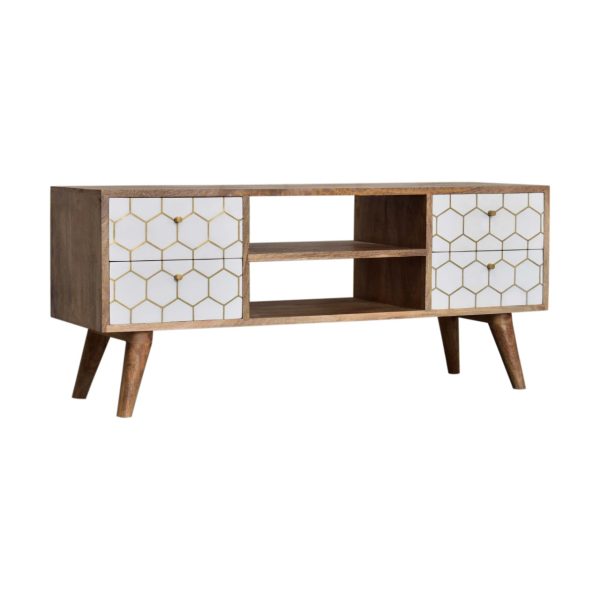 Solid Mango Wood Oak Finished + Brass Plate and Hand Painted White 4 Drawer 2 Open Slots Media Unit - Image 2
