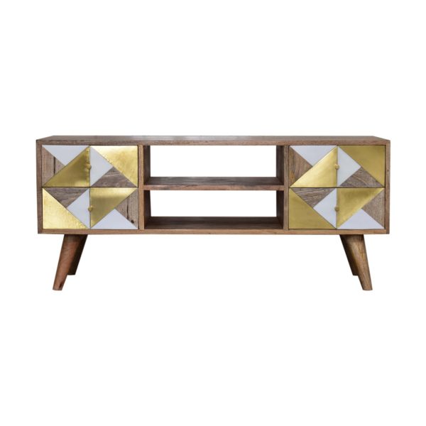 Solid Mango Wood Oak Finished 4 Drawer Media Unit with Brass and Faux Marble Inlay