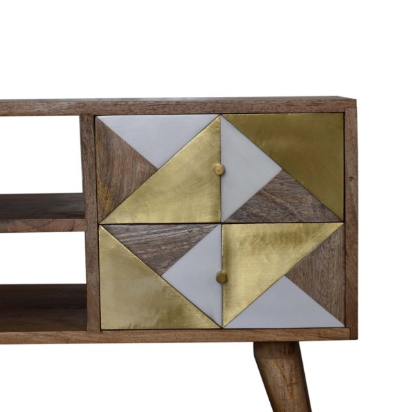 Solid Mango Wood Oak Finished 4 Drawer Media Unit with Brass and Faux Marble Inlay - Image 4