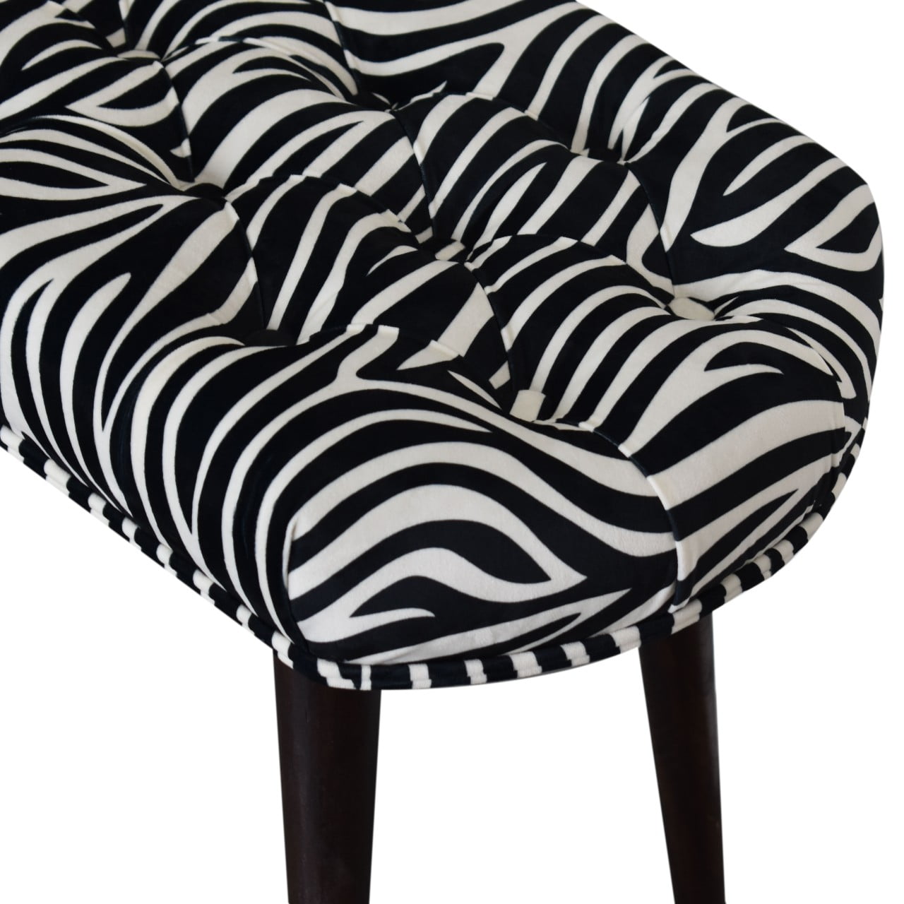 Solid Mango Wood Walnut Finished Zebra Printed Deep Button Scandinavian Style Bench - Image 4