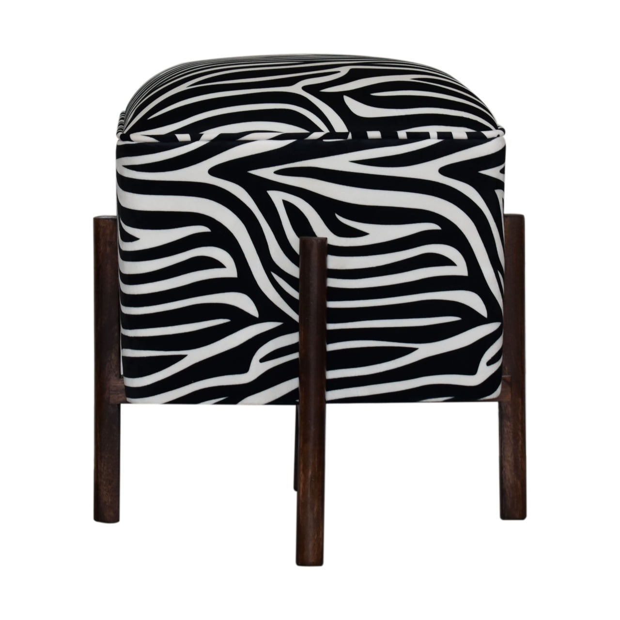 Solid Walnut Finished Mango Wood Zebra Printed Velvet Footstool