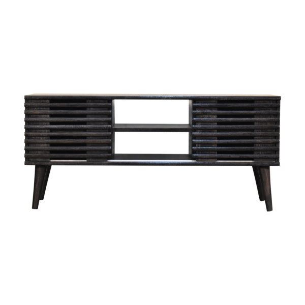 Solid Ash Black Finished Mango Wood Two Drawer Two Slots Slatted Front Kobe Console Table