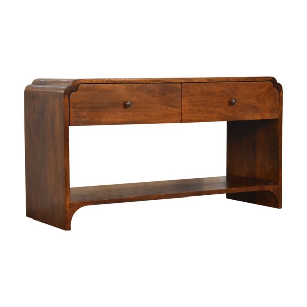 Solid Chestnut Finished Mango Wood Two Drawer One Slot Curved Top Newton Console Table - Image 3