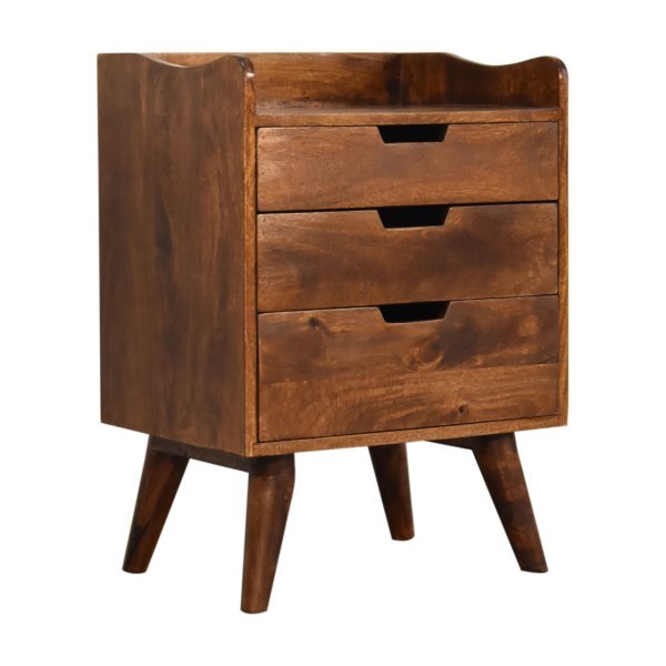 Solid Mango Wood Chestnut Finished 3 Drawer Gallery Back Bedside - Image 3