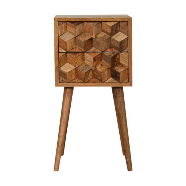 Mango Wood Mini Cube Carved 2 Drawer Bedside