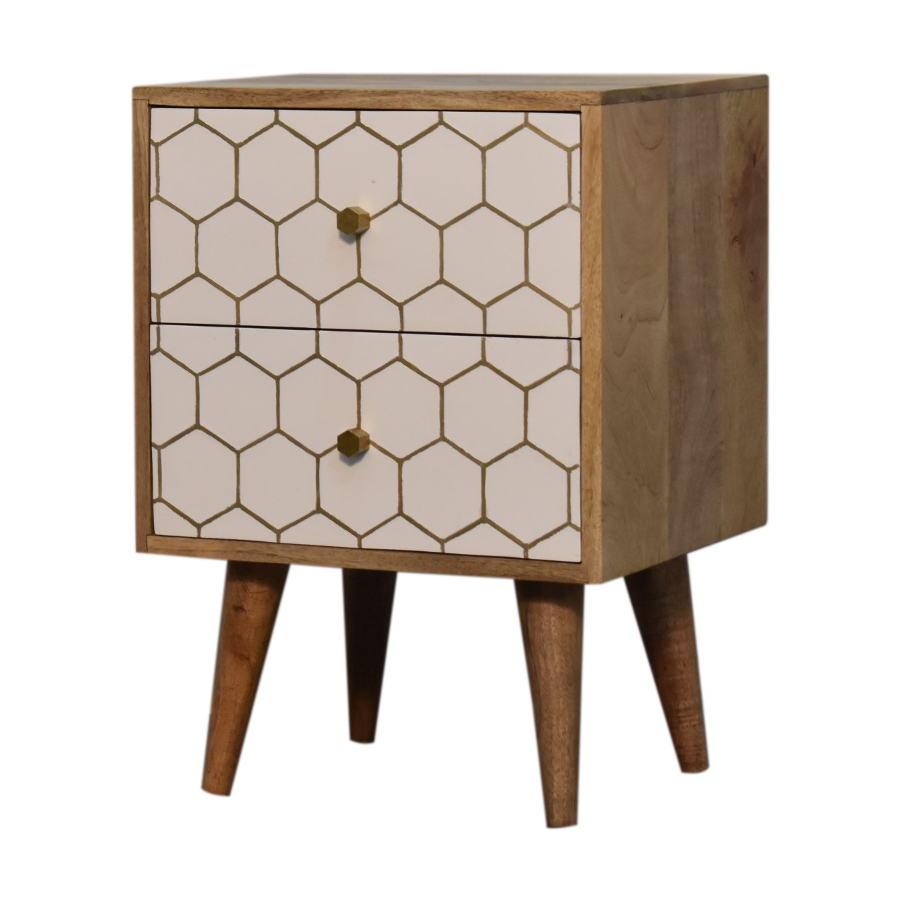 Solid Mango Wood Oak Finished White Front with Brass Inlay 2 Drawer Cassia Bedside - Image 2
