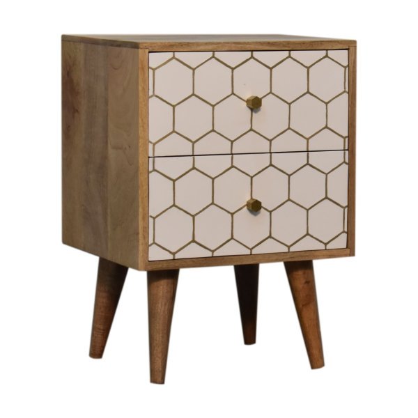 Solid Mango Wood Oak Finished White Front with Brass Inlay 2 Drawer Cassia Bedside - Image 3
