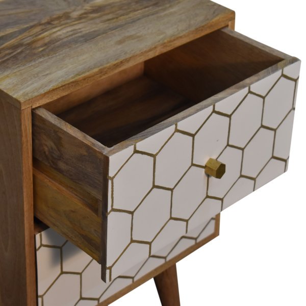 Solid Mango Wood Oak Finished White Front with Brass Inlay 2 Drawer Cassia Bedside - Image 6