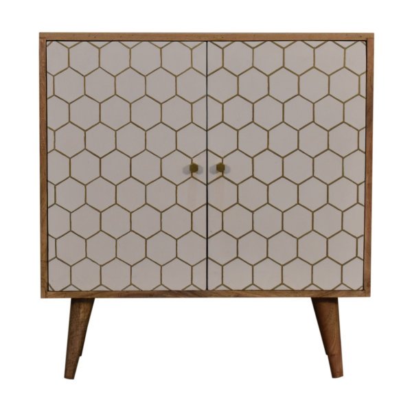 Solid Mango Wood Honeycomb Patterned White Front with Brass Inlay Cassia Cabinet