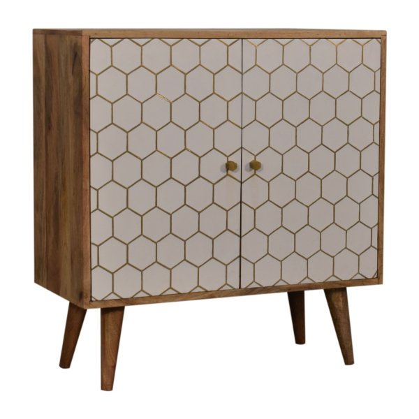Solid Mango Wood Honeycomb Patterned White Front with Brass Inlay Cassia Cabinet - Image 2